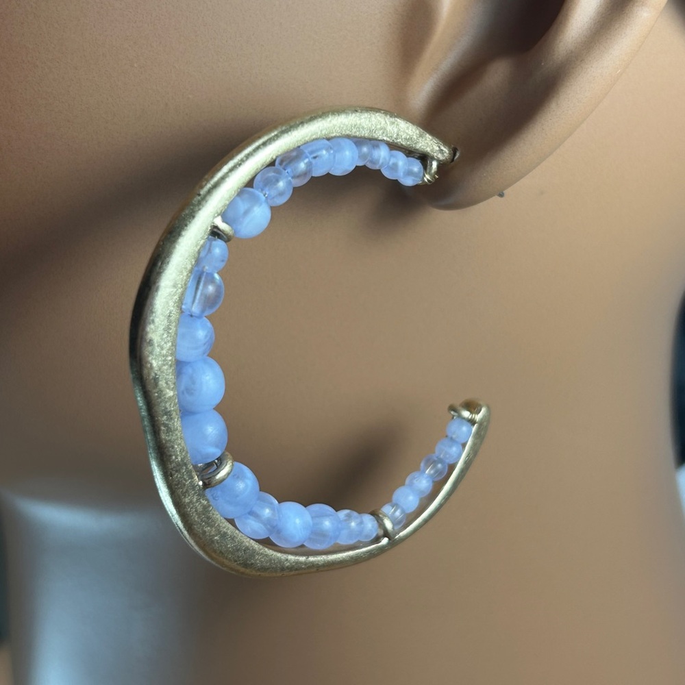 Edgy Moon Shaped Gold Matte and Blue Beaded Hoop Earrings